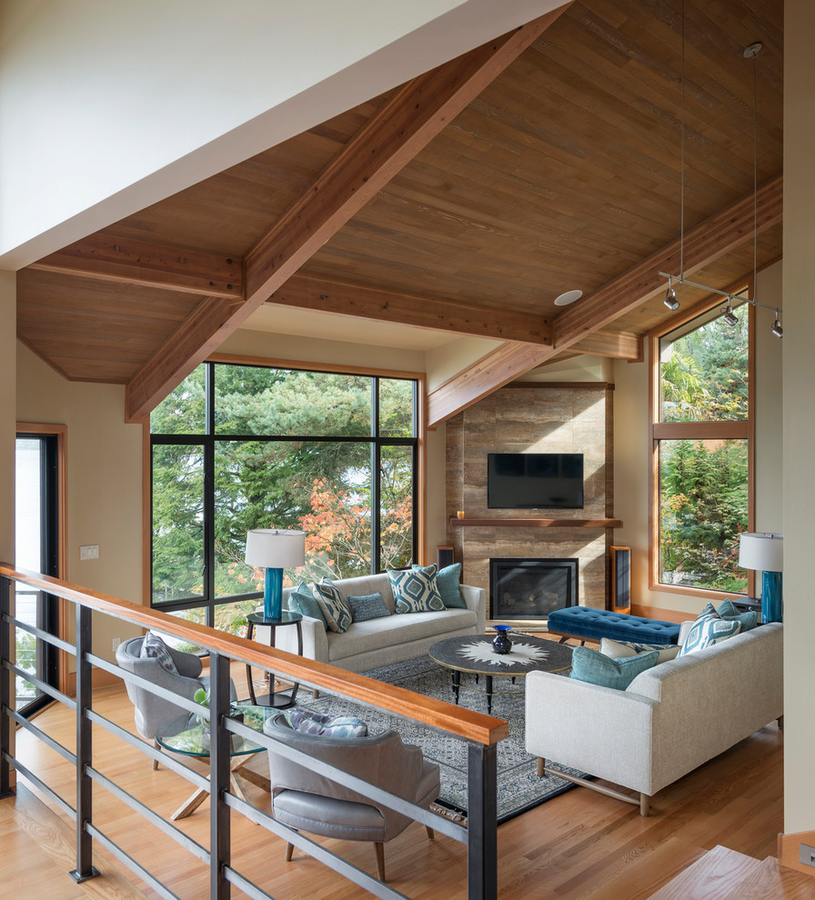 Design ideas for a contemporary open concept living room in Seattle.