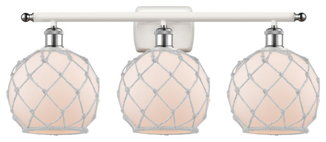 Farmhouse Rope 3 Light Bathroom Vanity Light in White And Polished Chrome