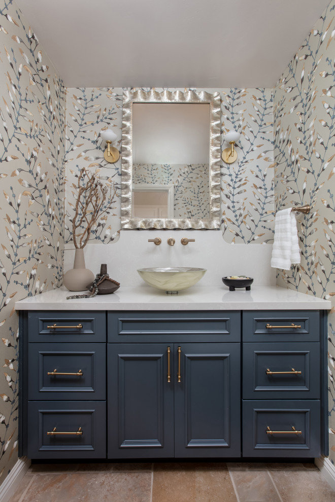 Design ideas for a small classic cloakroom in San Diego with recessed-panel cabinets, blue cabinets, a vessel sink, engineered stone worktops, white worktops, a built in vanity unit and wallpapered walls.