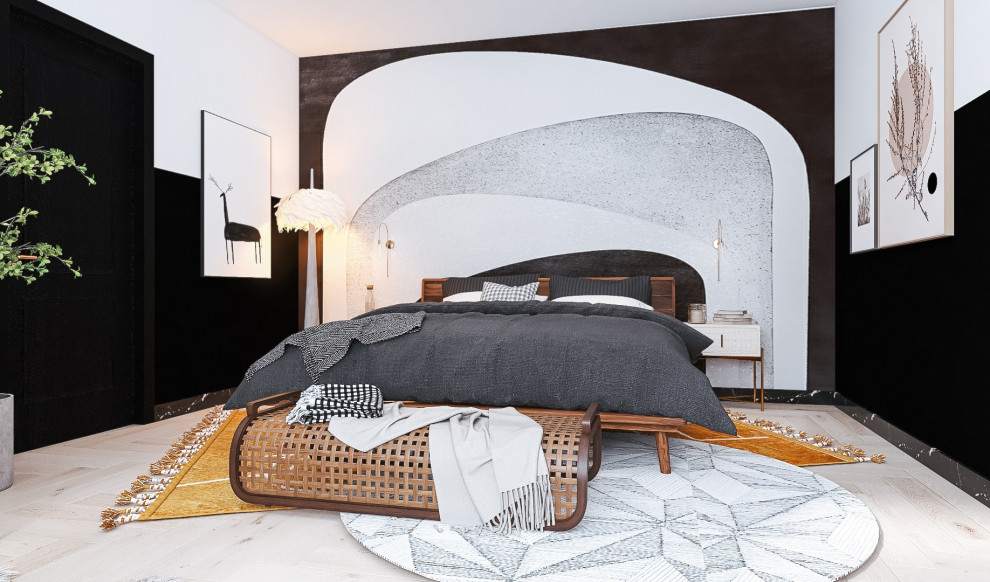 Идея дизайна: большая хозяйская спальня в восточном стиле с черными стенами, светлым паркетным полом, подвесным камином, бежевым полом и панелями на стенах