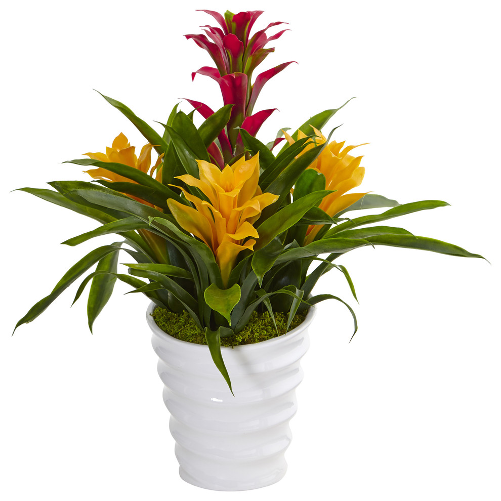 Tropical Bromeliad Artificial Plant, White Swirl Vase Tropical