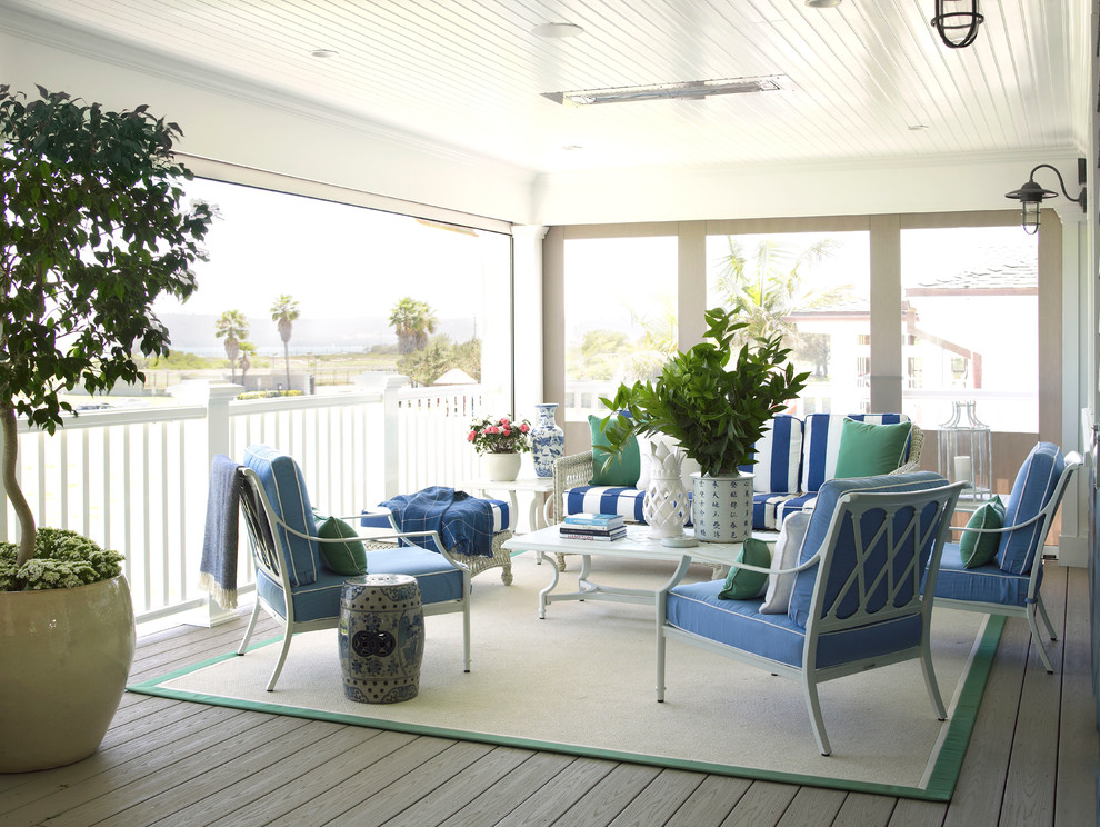 Photo of a large beach style backyard screened-in verandah in San Diego with decking and a roof extension.