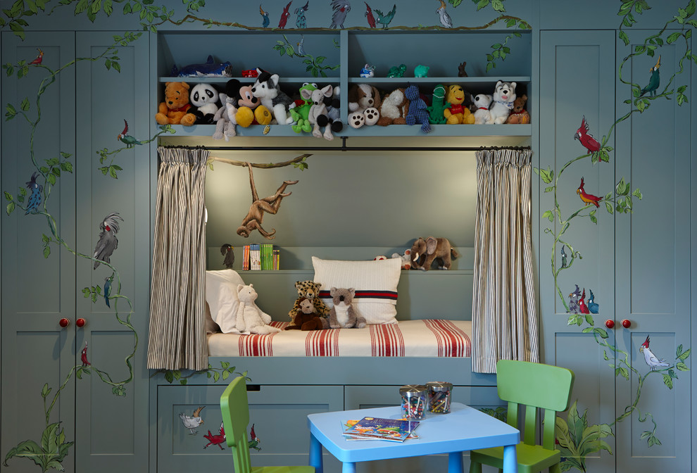 This is an example of a traditional gender-neutral kids' bedroom for kids 4-10 years old in London with grey walls.
