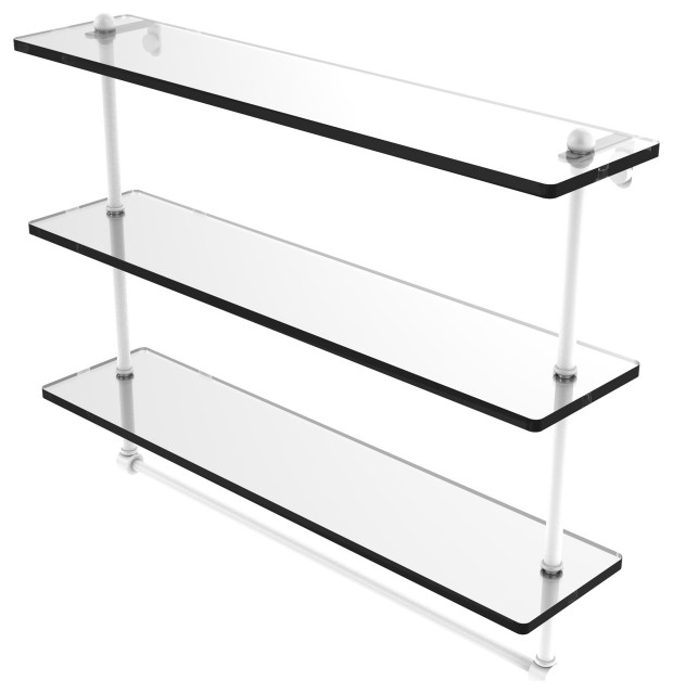 22" Triple Tiered Glass Shelf with Towel Bar, Matte White