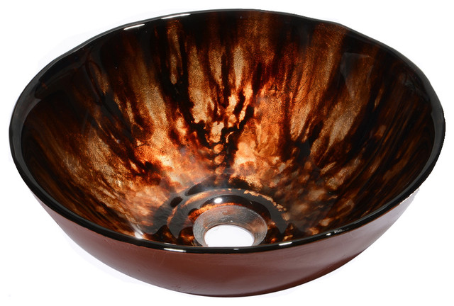 Dawn Tempered Glass, Hand-Painted Glass Vessel Sink-Round Shape, Black and Brown