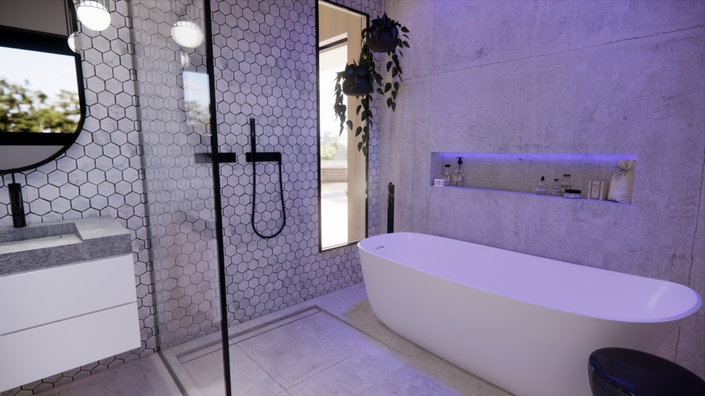 Large minimalist gray tile and ceramic tile ceramic tile, gray floor and double-sink bathroom photo in Lyon with beaded inset cabinets, white cabinets, a wall-mount toilet, a console sink, concrete countertops, gray countertops, a niche, a floating vanity and beige walls