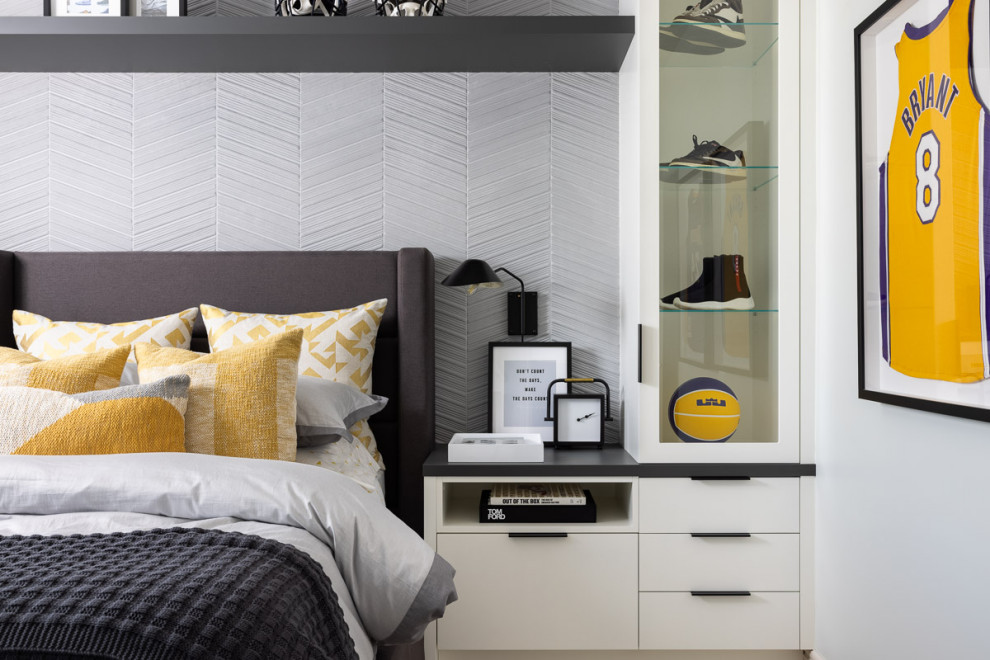 Design ideas for a large modern kids' room for boys in Calgary with grey walls, carpet, white floor and wallpaper.