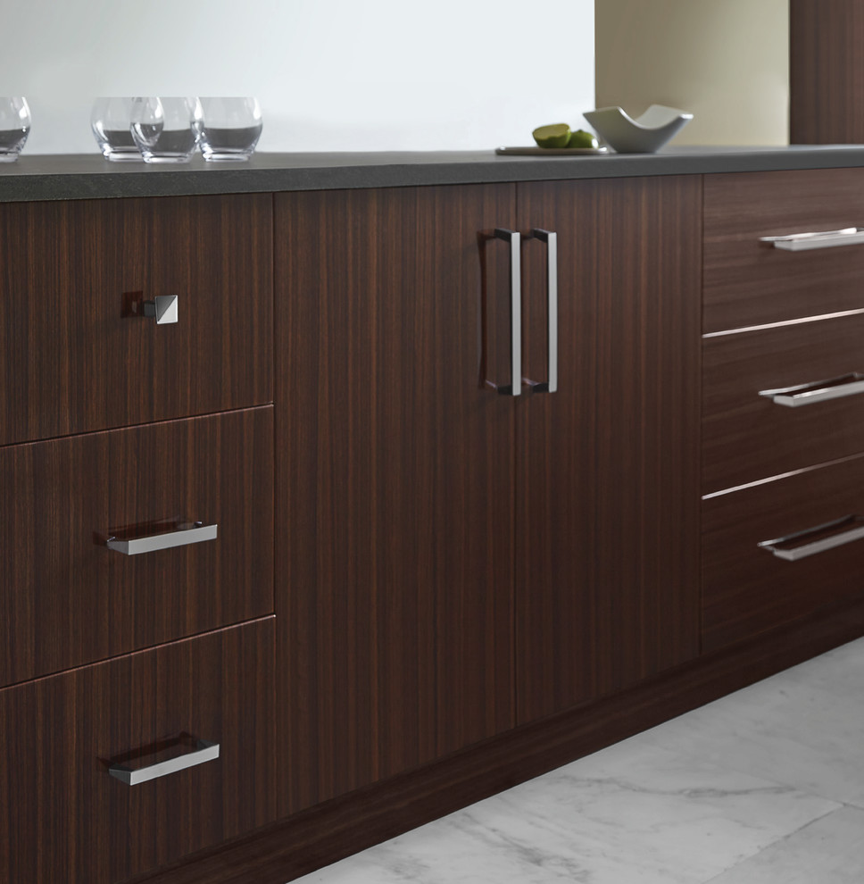 Example of a mid-sized transitional kitchen design in Baltimore with flat-panel cabinets, dark wood cabinets and laminate countertops