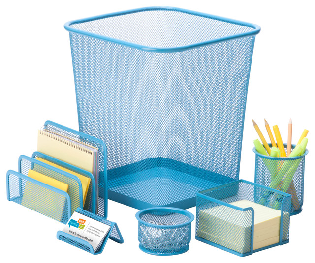 6Piece Steel Mesh, Blue Desk Set Contemporary Desk Accessories by HoneyCanDo