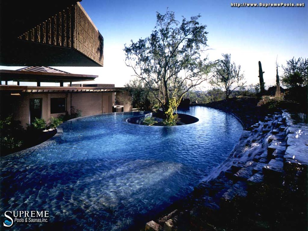 Large minimalist backyard custom-shaped and stone infinity pool photo in Phoenix