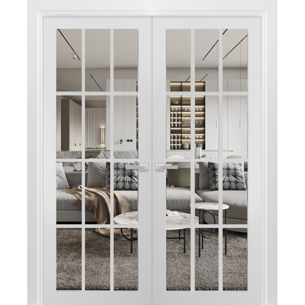 Interior Solid French Double Doors Clear Glass, Felicia 3355 Matte White, 84" X 80"