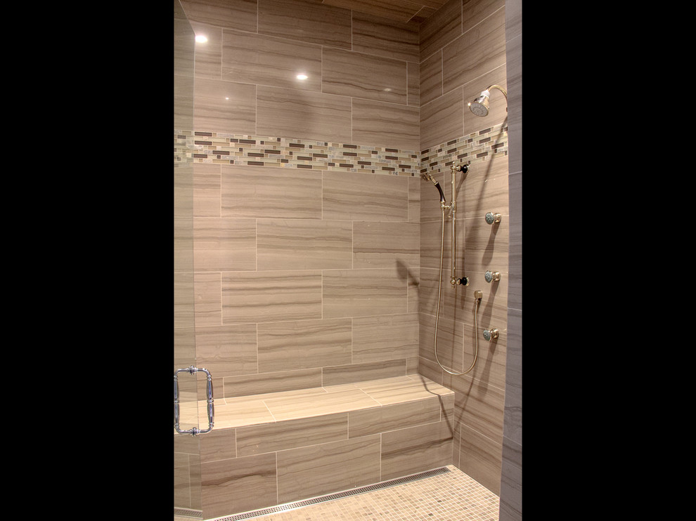 Photo of a large beach style master bathroom in Other with beaded inset cabinets, dark wood cabinets, a freestanding tub, a curbless shower, grey walls, ceramic floors, an undermount sink, brown floor, an open shower and multi-coloured benchtops.