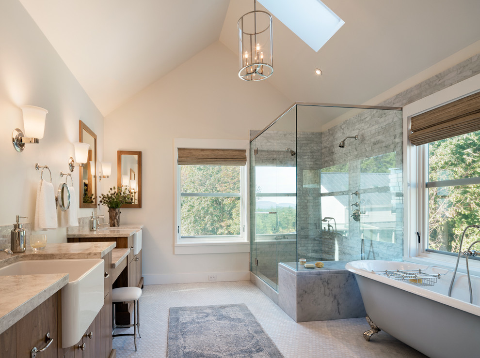 This is an example of a large country master bathroom in Other with a claw-foot tub, white walls, mosaic tile floors, white floor, louvered cabinets, dark wood cabinets, a corner shower, gray tile, marble, marble benchtops and a hinged shower door.