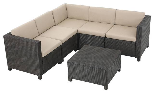 Gdf Studio Valona Outdoor Wicker V Shaped Sectional Set Dark Bown And Beige