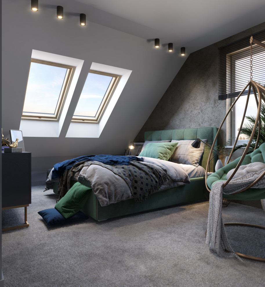 Inspiration for a large contemporary guest bedroom in London with grey walls, carpet, grey floors and a vaulted ceiling.