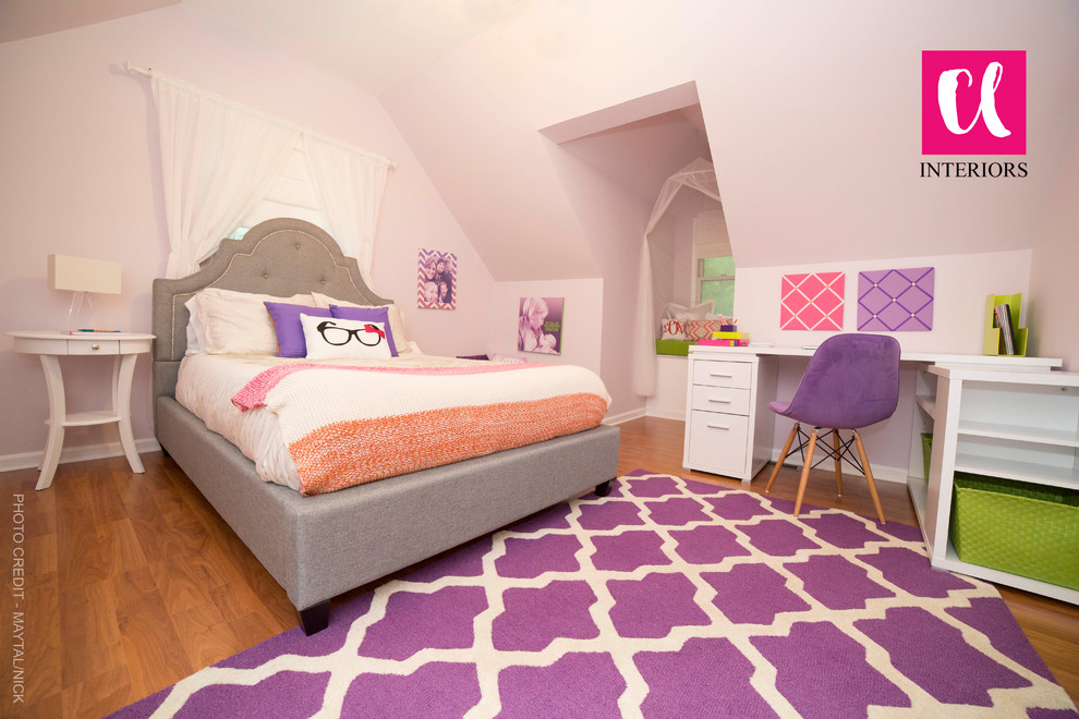 Inspiration for a small contemporary bedroom in Raleigh with purple walls, light hardwood floors and no fireplace.