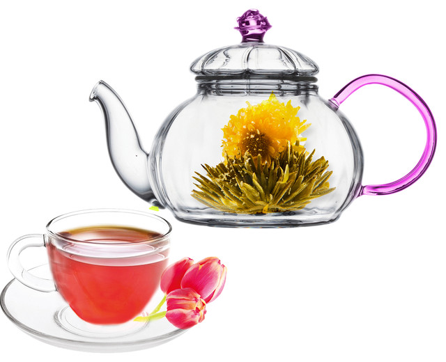 Tea Beyond Glass Teapot Juliet 20 Oz. With Cups and Saucer, Set of 2