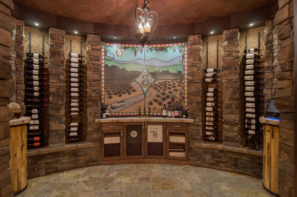 Mid-sized traditional wine cellar in Nashville with ceramic floors, storage racks and multi-coloured floor.