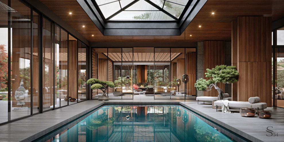 Бассейн с раздвижными панелями и обилием света