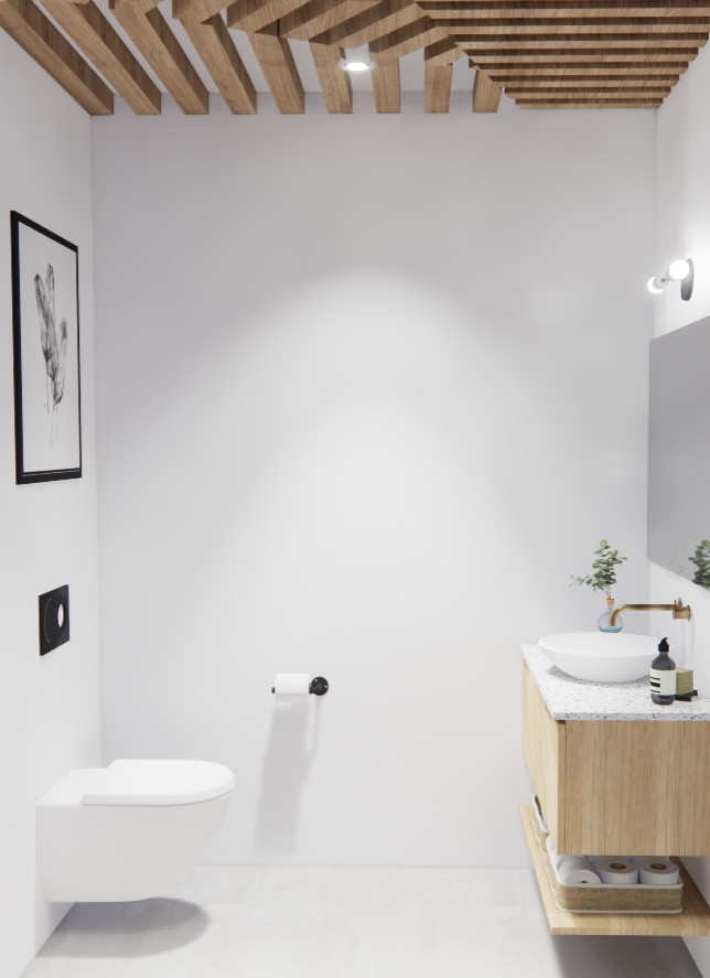 Cette photo montre un WC suspendu moderne en bois clair avec un carrelage blanc, un mur blanc, un sol en carrelage de céramique, une vasque, un plan de toilette en terrazzo, un sol gris, un plan de toilette gris, meuble-lavabo suspendu et un plafond en bois.