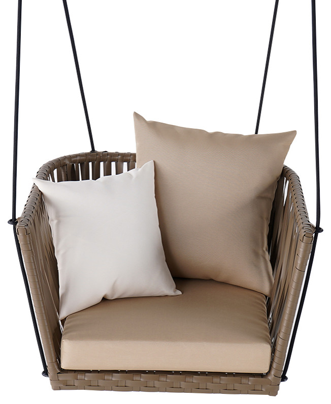 Modern Outdoor Hanging Chair Rattan Porch Swing Chair With Khaki Cushion Pillow Hammocks And