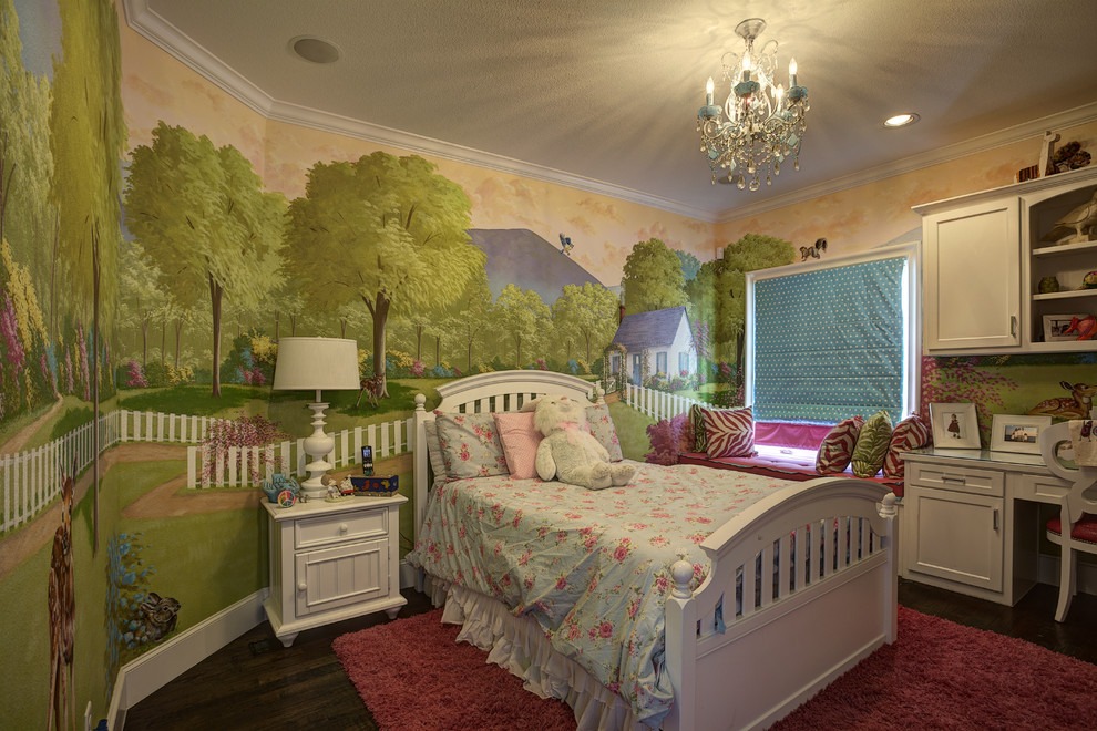This is an example of a mid-sized mediterranean kids' bedroom for kids 4-10 years old and girls in Dallas with multi-coloured walls and dark hardwood floors.