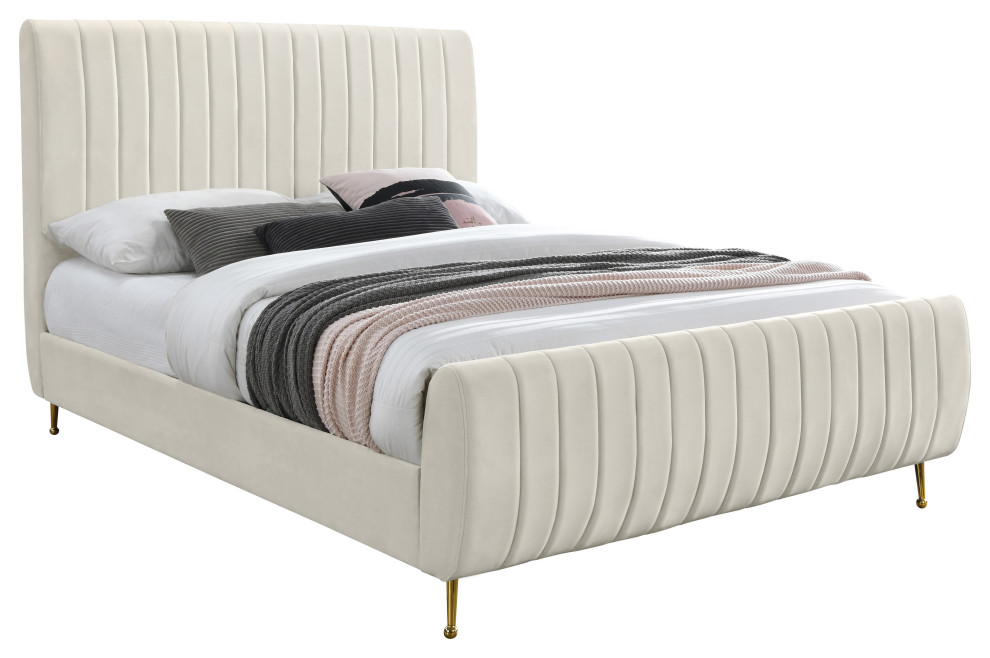 Zara Channel Tufted Velvet Bed With Custom Gold Legs Contemporary