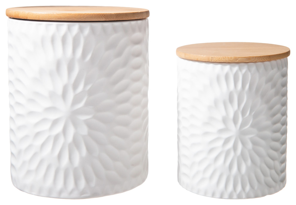 Bamboo Lid Ceramic Canister With Bursting Design Matte White Finish   Home Design 