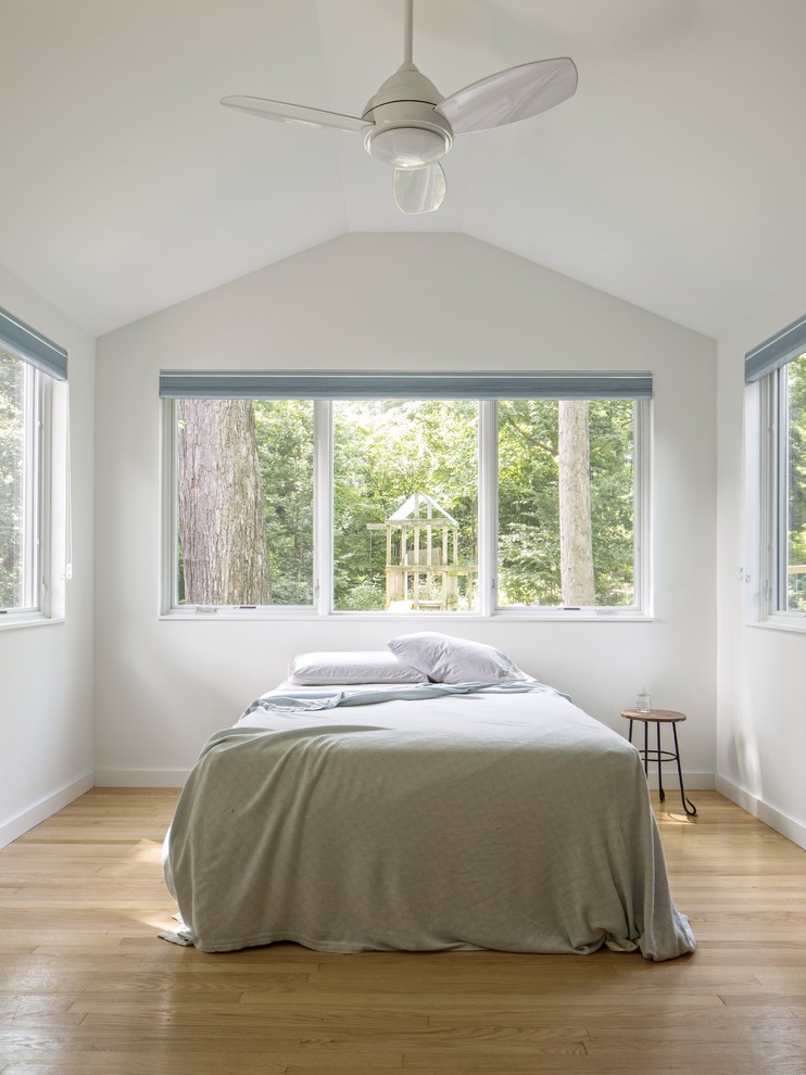 Photo of a mid-sized contemporary bedroom in DC Metro with white walls, light hardwood floors and no fireplace.