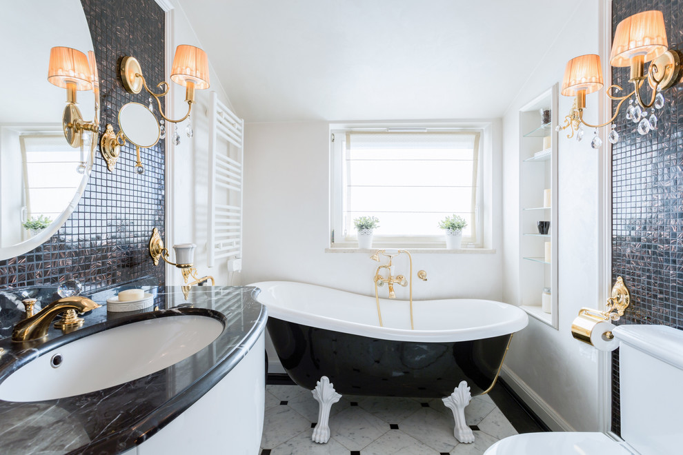 Inspiration for a small traditional master bathroom in New York with open cabinets, black cabinets, a hot tub, a double shower, a two-piece toilet, black tile, porcelain tile, white walls, porcelain floors, a vessel sink, tile benchtops, white floor and a hinged shower door.