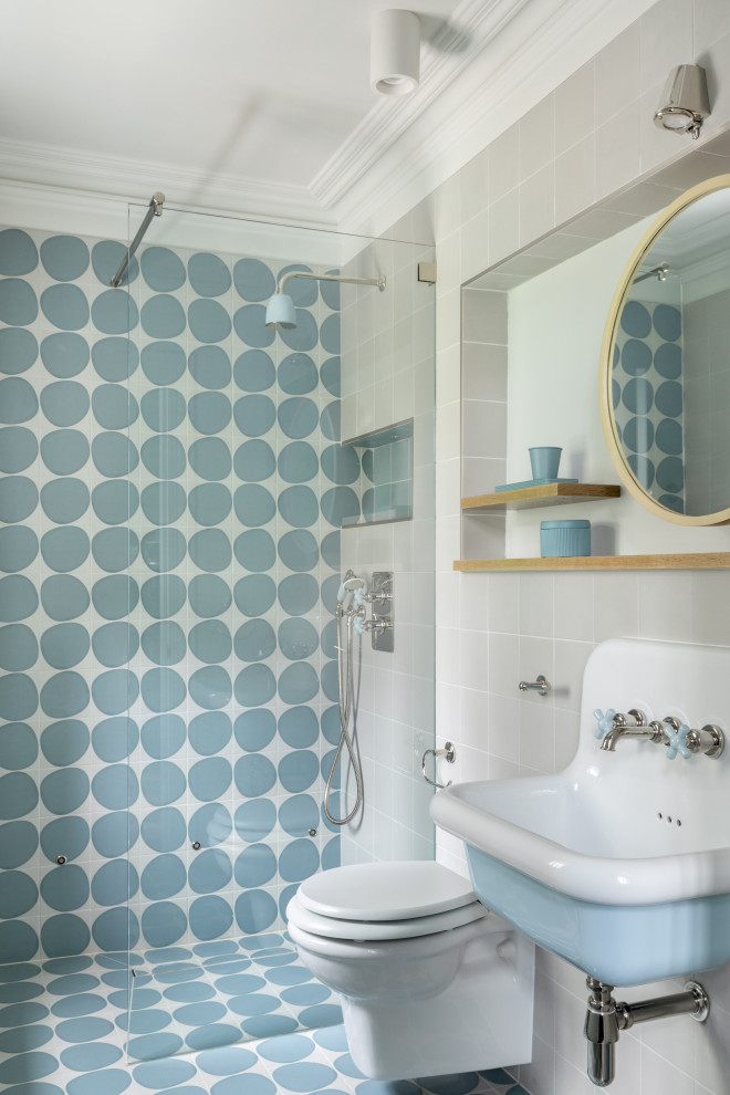 Inspiration for a classic grey and teal bathroom in London.