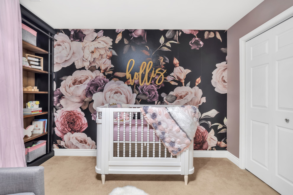This is an example of a mid-sized transitional nursery for girls in St Louis with purple walls, carpet and beige floor.