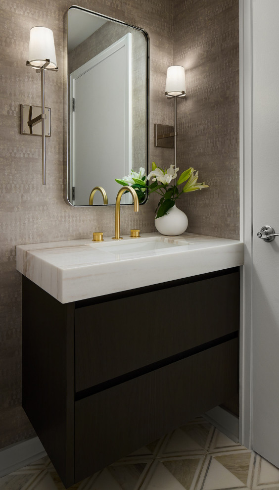 Inspiration for a small traditional cloakroom in Chicago with flat-panel cabinets, dark wood cabinets, marble flooring, a submerged sink, marble worktops, multi-coloured floors, multi-coloured worktops, a floating vanity unit and wallpapered walls.