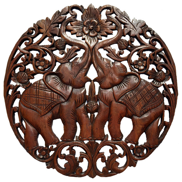 Round Carved Wood Elephant Love Sign Wall Decor Tropical Home Round Carved Wood Elephant Love Sign Wall Decor Tropical Home 24