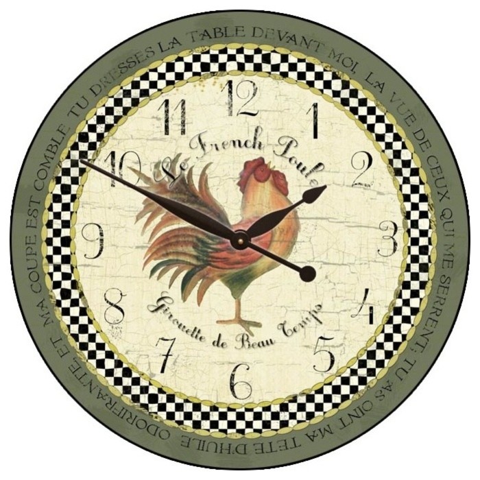 Le French Rooster Clock, Green Rim, 30"