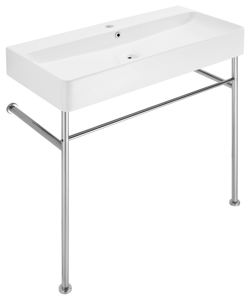 Carre 36 Ceramic Console Sink White Basin Chrome Legs Contemporary