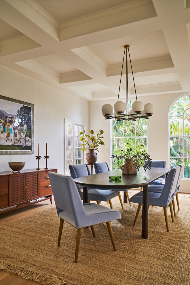 Large transitional medium tone wood floor and coffered ceiling great room photo in Los Angeles with white walls