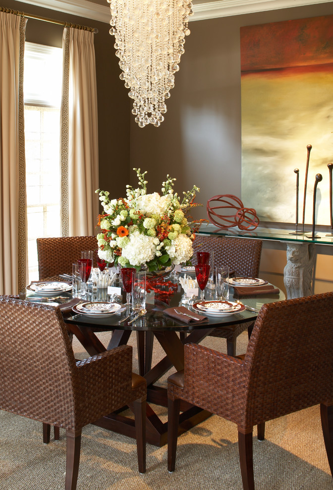 Dining room - transitional carpeted dining room idea in Atlanta with brown walls