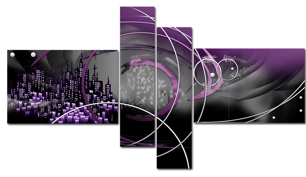 "Lost City" Purple Modern Cityscape Artwork, 4-Panel, 63"x34"