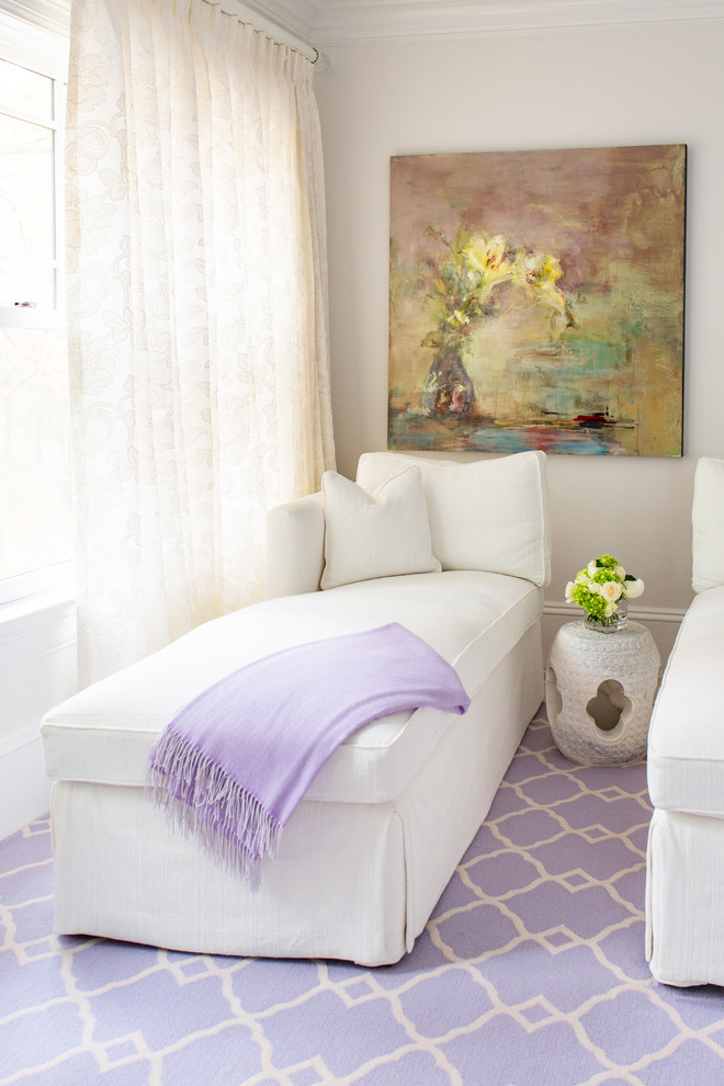 Design ideas for a large transitional master bedroom with purple walls, carpet and purple floor.