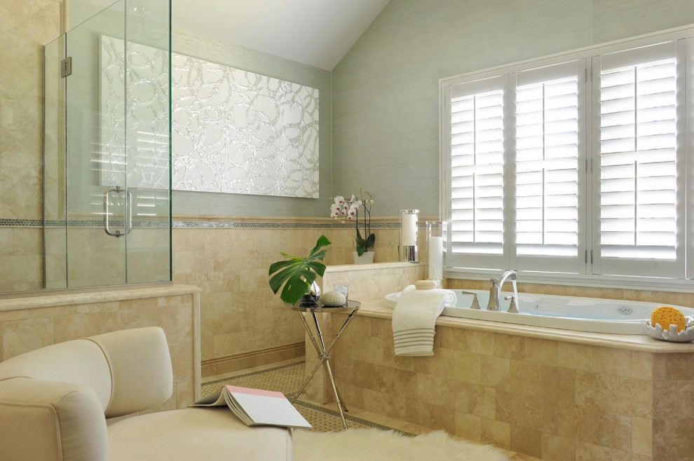 Classic Contemporary Spa Master Bath -  A classic, elegant master suite for the husband and wife, and a fun, sophisticated entertainment space for their family -- it was a dream project!

To turn the master suite into a luxury retreat for two young executives, we mixed rich textures with a playful, yet regal color palette of purples, grays, yellows and ivories. 

For fun family gatherings, where both children and adults are encouraged to play, I envisioned a handsome billiard room and bar, inspired by the husband’s favorite pub.