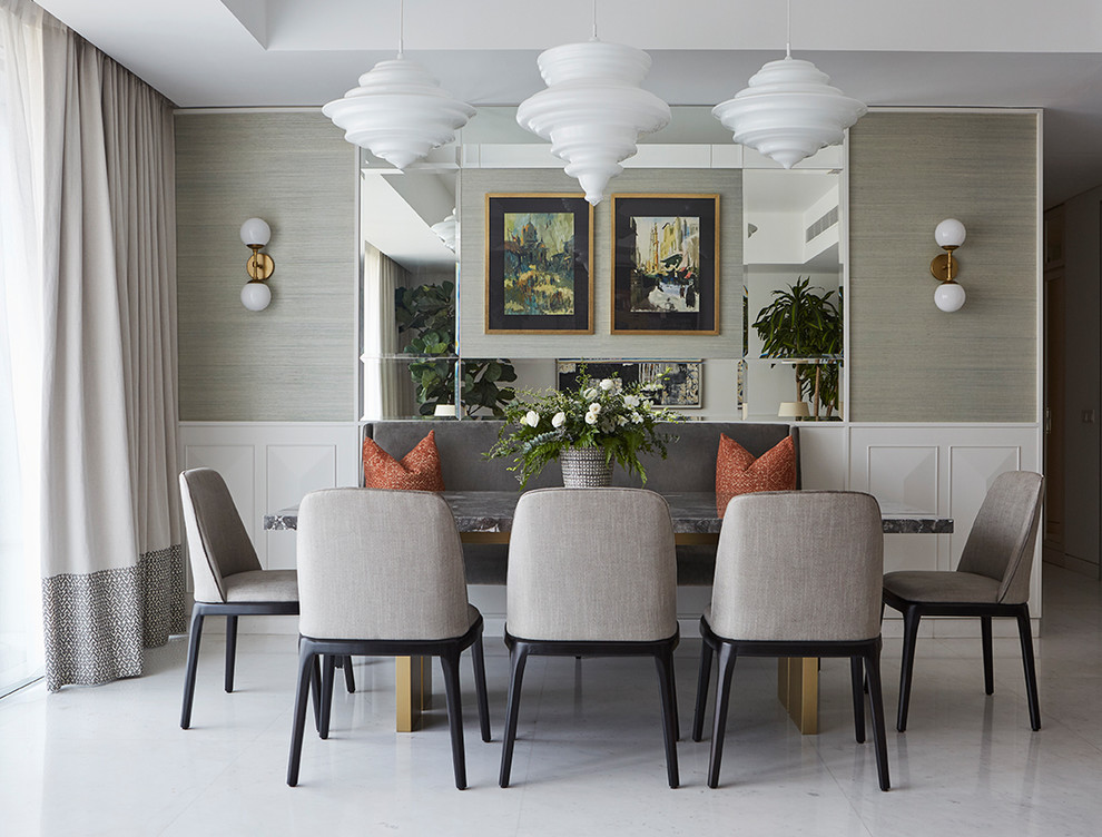 Transitional dining room in Singapore with grey walls, no fireplace and white floor.