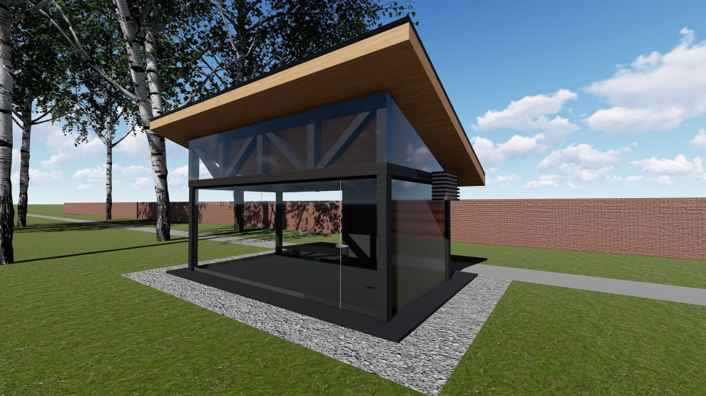 Теплая беседка с безрамным раздвижным остеклением