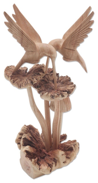 Novica Handmade Hummingbirds And Mushrooms Wood Sculpture