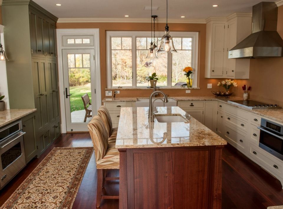 Inspiration for a mid-sized traditional u-shaped eat-in kitchen in Boston with shaker cabinets, white cabinets, granite benchtops, beige splashback, dark hardwood floors, with island, an undermount sink and panelled appliances.