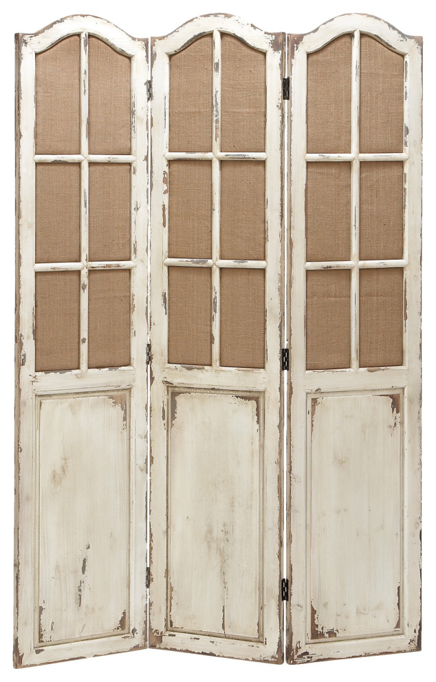 3-Panel Wood Screen Decorative Room Divider w/ Fabric Window Panes