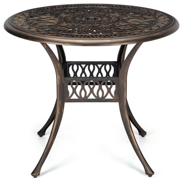 Bronze Round Aluminum Outdoor Bistro Table With Umbrella Hole Modern