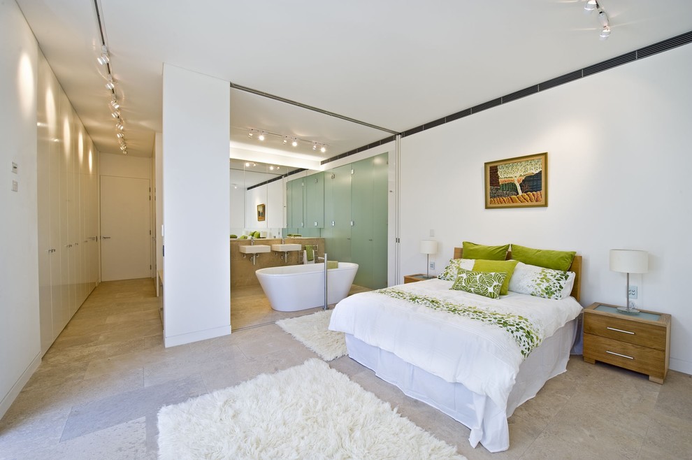 Contemporary bedroom in Sydney with white walls.