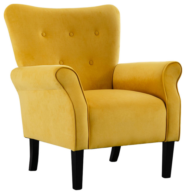 Cilic 32" Accent Chair, Button Tufted Back, Rolled Arms, Yellow Fabric