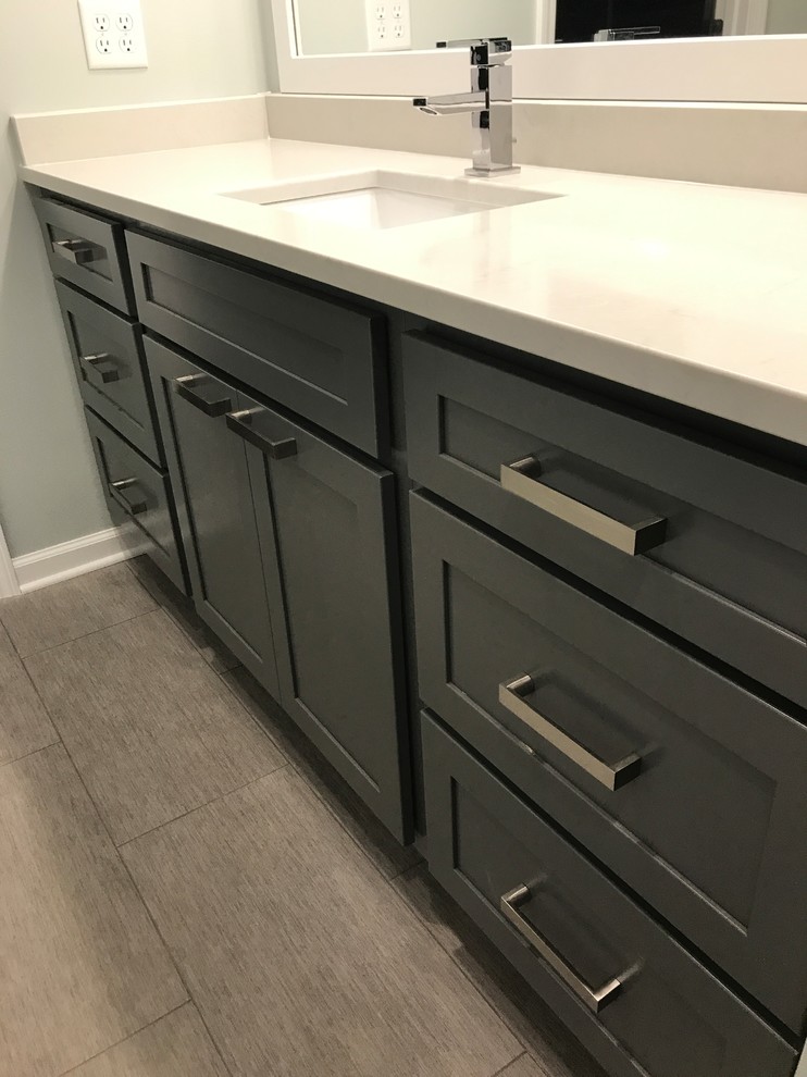 Inspiration for a large transitional kids bathroom in Other with shaker cabinets, grey cabinets, engineered quartz benchtops and white benchtops.